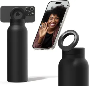 Ringo Insulated Water Bottle | Compatible MagSafe Water Bottle With Phone Holder | Stainless Steel Water Bottle With Magnetic Phone Tripod Mount | Hot for 12H, Cold for 24H, 360° Rotate - Black 32oz