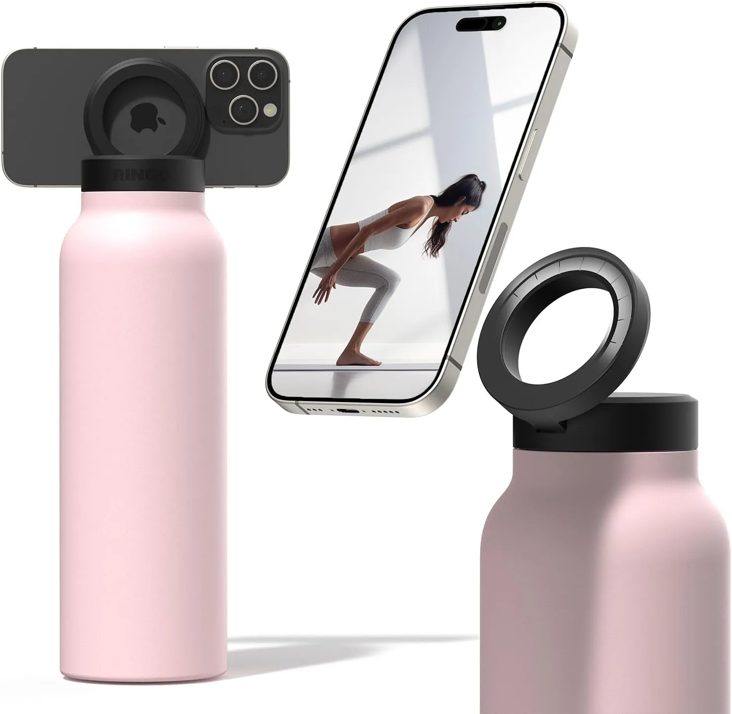 Ringo Insulated Water Bottle | Compatible MagSafe Water Bottle With Phone Holder | Stainless Steel Water Bottle With Magnetic Phone Tripod Mount | Hot for 12H, Cold for 24H, 360° Rotate - Pink 32oz