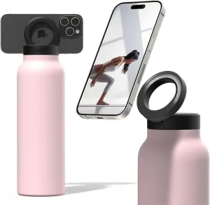 Ringo Insulated Water Bottle | Compatible MagSafe Water Bottle With Phone Holder | Stainless Steel Water Bottle With Magnetic Phone Tripod Mount | Hot for 12H, Cold for 24H, 360° Rotate - Pink 32oz