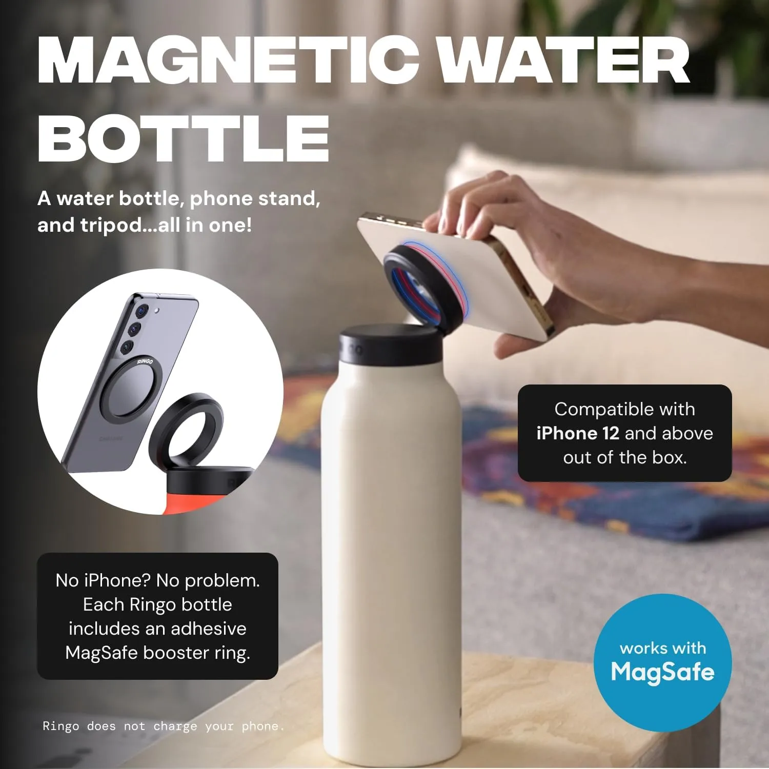 Ringo Insulated Water Bottle | Compatible MagSafe Water Bottle With Phone Holder | Stainless Steel Water Bottle With Magnetic Phone Tripod Mount | Hot for 12H, Cold for 24H, 360° Rotate - Pink 32oz