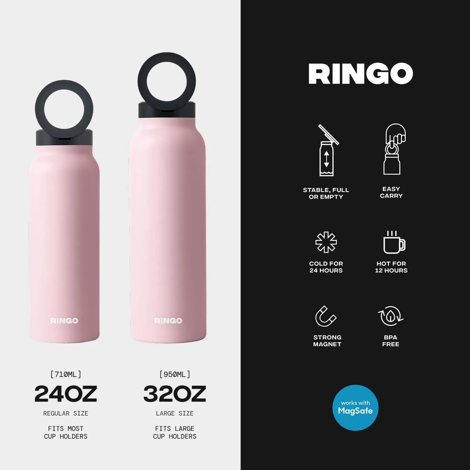 Ringo Insulated Water Bottle | Compatible MagSafe Water Bottle With Phone Holder | Stainless Steel Water Bottle With Magnetic Phone Tripod Mount | Hot for 12H, Cold for 24H, 360° Rotate - Pink 32oz
