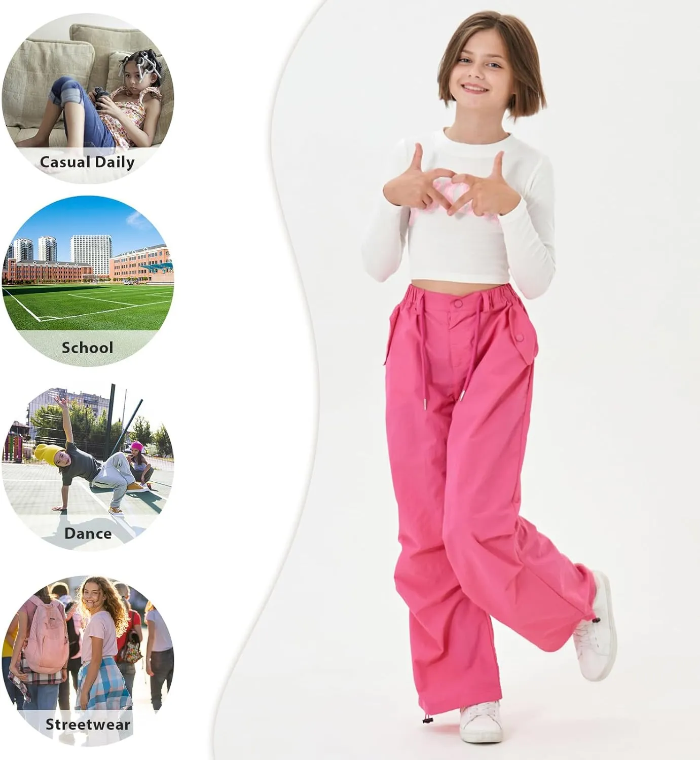 Rolanko Parachute Pants for Girls Y2K Cargo Trousers with Pockets Harajuku Jogger Pants Kids 4-14 Years