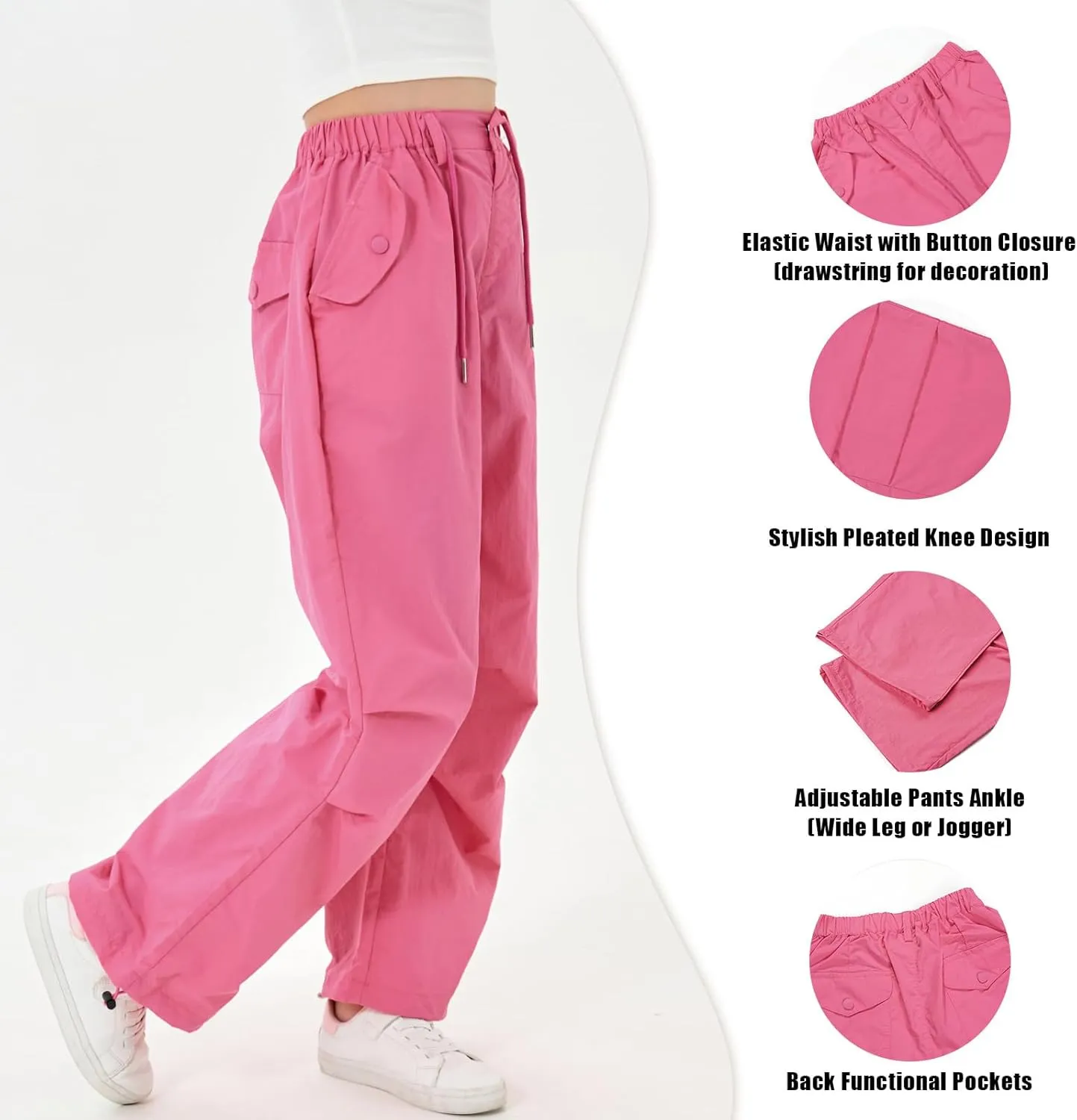 Rolanko Parachute Pants for Girls Y2K Cargo Trousers with Pockets Harajuku Jogger Pants Kids 4-14 Years