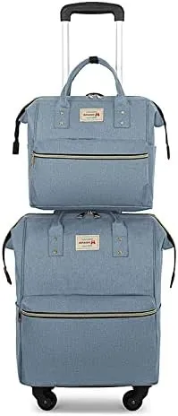 Rolling Backpack Set Diaper Bag Backpack for Women Trolley Bag Wheeled Backpack Weekender Bag Carry On Luggage for Outdoor (Blue)