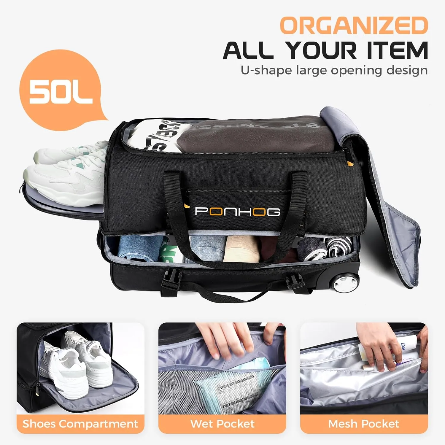 Rolling Duffle Bag With Wheels - 60L Large Wheeled Travel Duffel Bag with Shoe Compartment Water Resistant Duffle Bag for Traveling GYM Overnight Trip Weekender