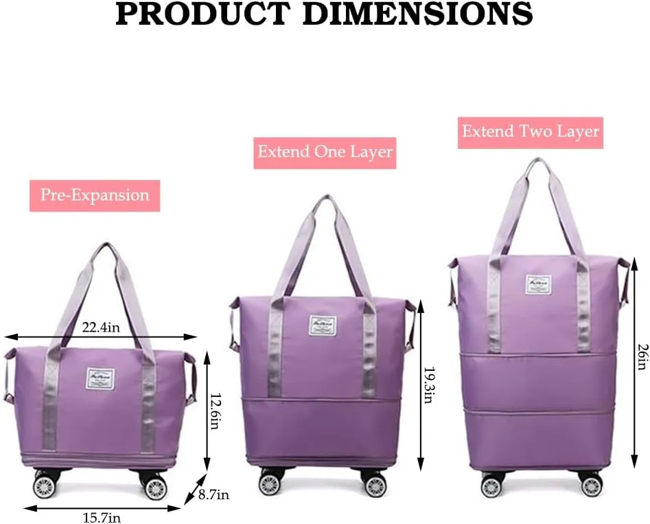 Rolling Duffle Bag with Wheels and Handle Foldable Travel Bag Expandable Carry on Bag with Detachable Casters Wheeled Weekender Bag for Women & Men - Dark Blue