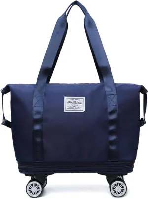 Rolling Duffle Bag with Wheels and Handle Foldable Travel Bag Expandable Carry on Bag with Detachable Casters Wheeled Weekender Bag for Women & Men - Dark Blue