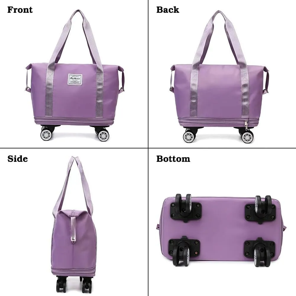 Rolling Duffle Bag with Wheels and Handle Foldable Travel Bag Expandable Carry on Bag with Detachable Casters Wheeled Weekender Bag for Women & Men - Dark Blue