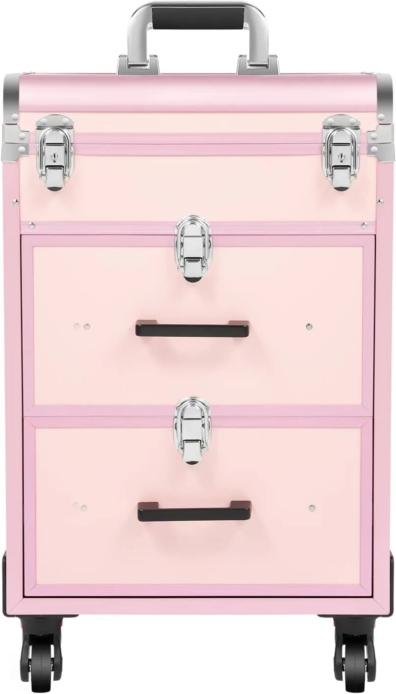 Rolling Makeup Case, 3 Layers Professional Large Cosmetic Trolley Train Cases with Locks Makeup Travel Case, Large Cosmetic Trolley with Locks for On The Go Makeup/Nail Art/Hair Styling (Pink)