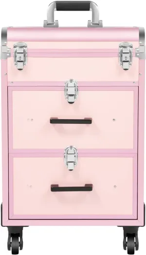 Rolling Makeup Case, 3 Layers Professional Large Cosmetic Trolley Train Cases with Locks Makeup Travel Case, Large Cosmetic Trolley with Locks for On The Go Makeup/Nail Art/Hair Styling (Pink)