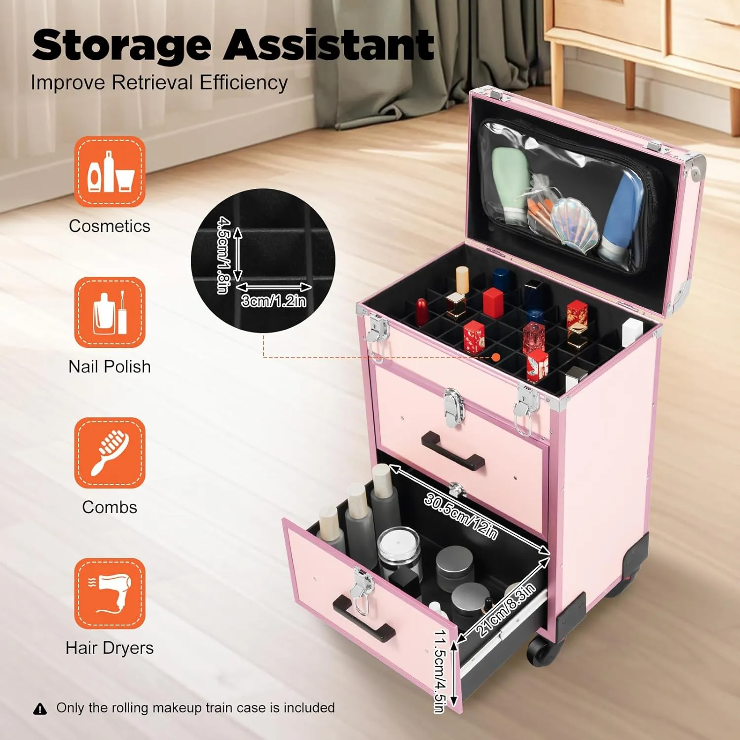 Rolling Makeup Case, 3 Layers Professional Large Cosmetic Trolley Train Cases with Locks Makeup Travel Case, Large Cosmetic Trolley with Locks for On The Go Makeup/Nail Art/Hair Styling (Pink)