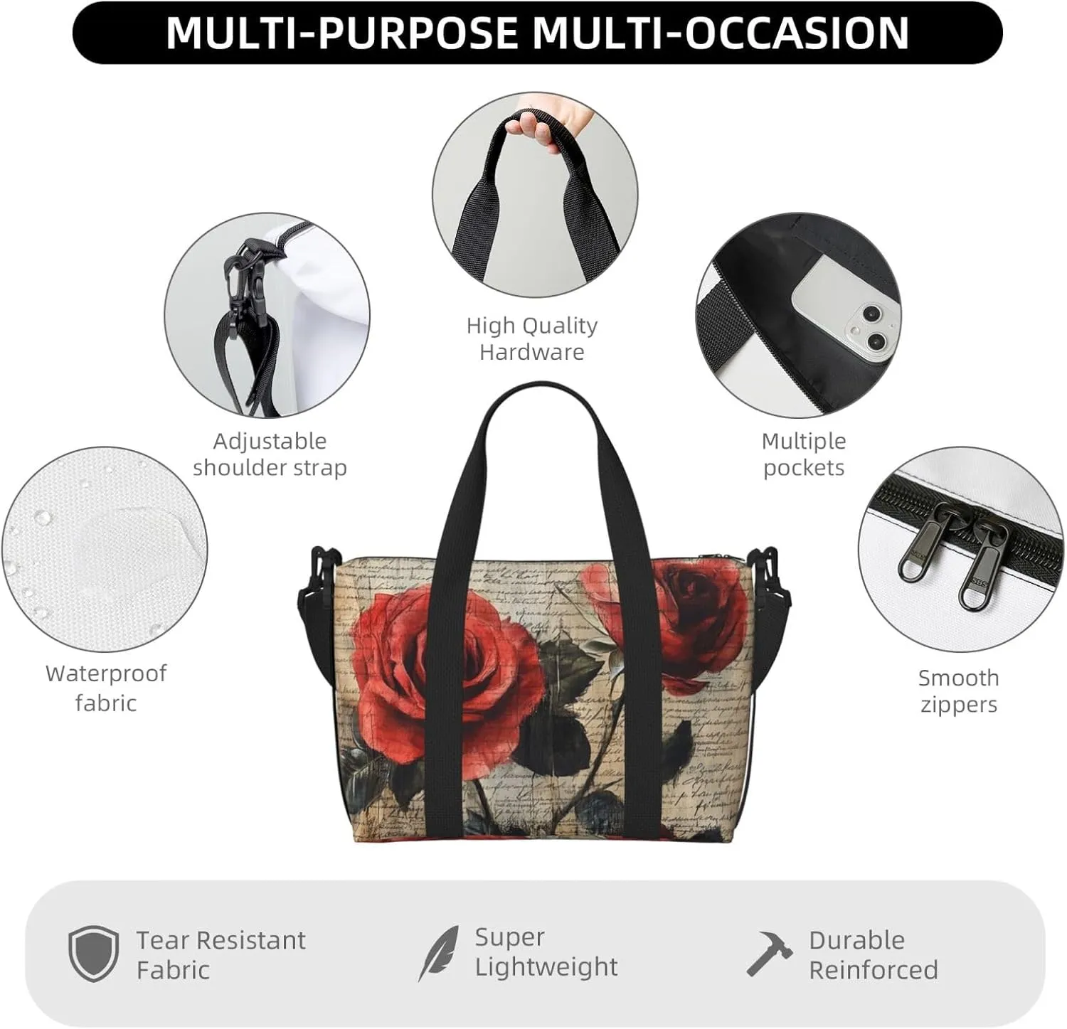 rose art print Travel Duffel Bag, Sports Tote Gym Bag, Swim Pool Bag Large Shoulder Tote Bag for Beach Weekender
