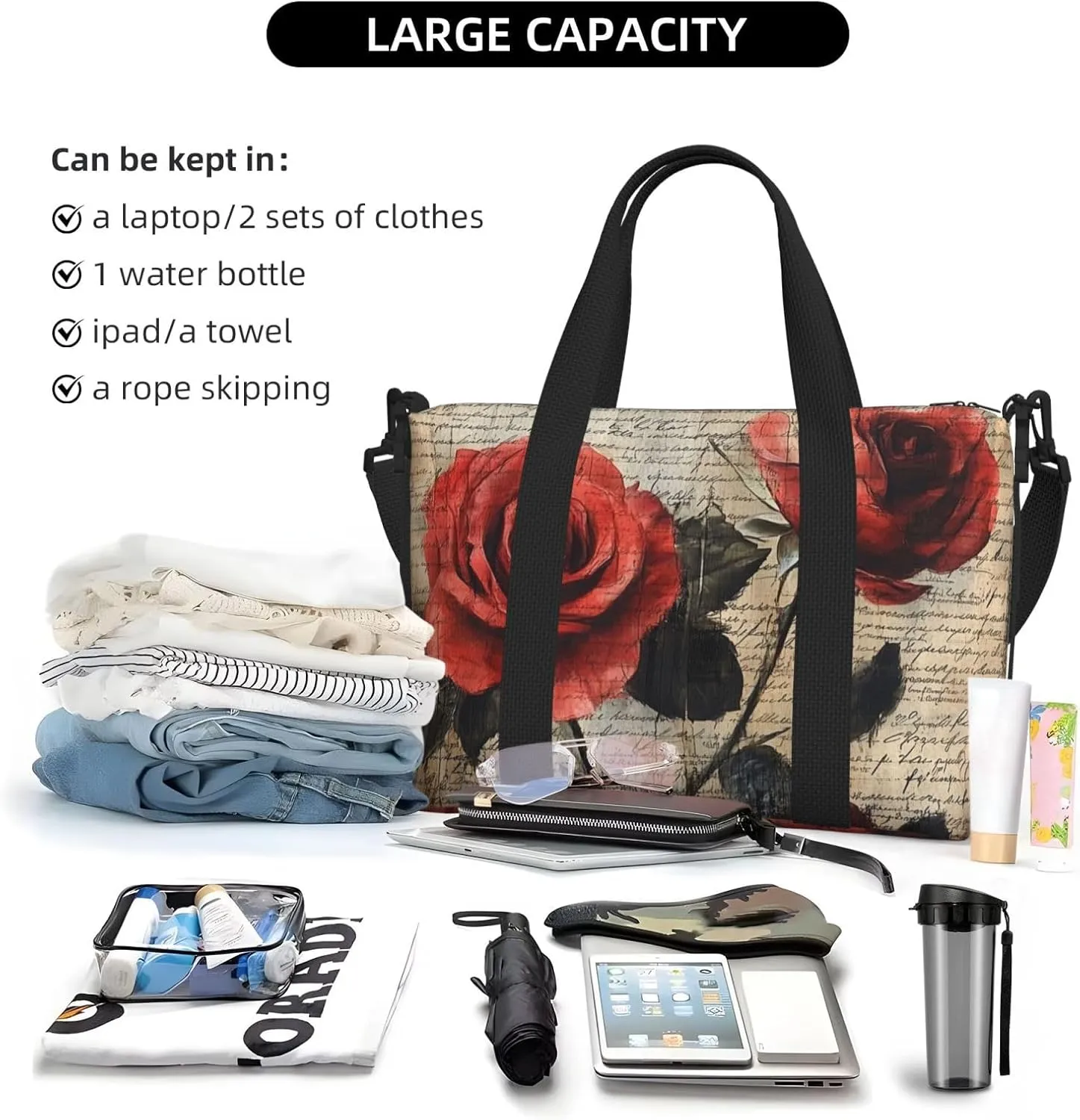 rose art print Travel Duffel Bag, Sports Tote Gym Bag, Swim Pool Bag Large Shoulder Tote Bag for Beach Weekender