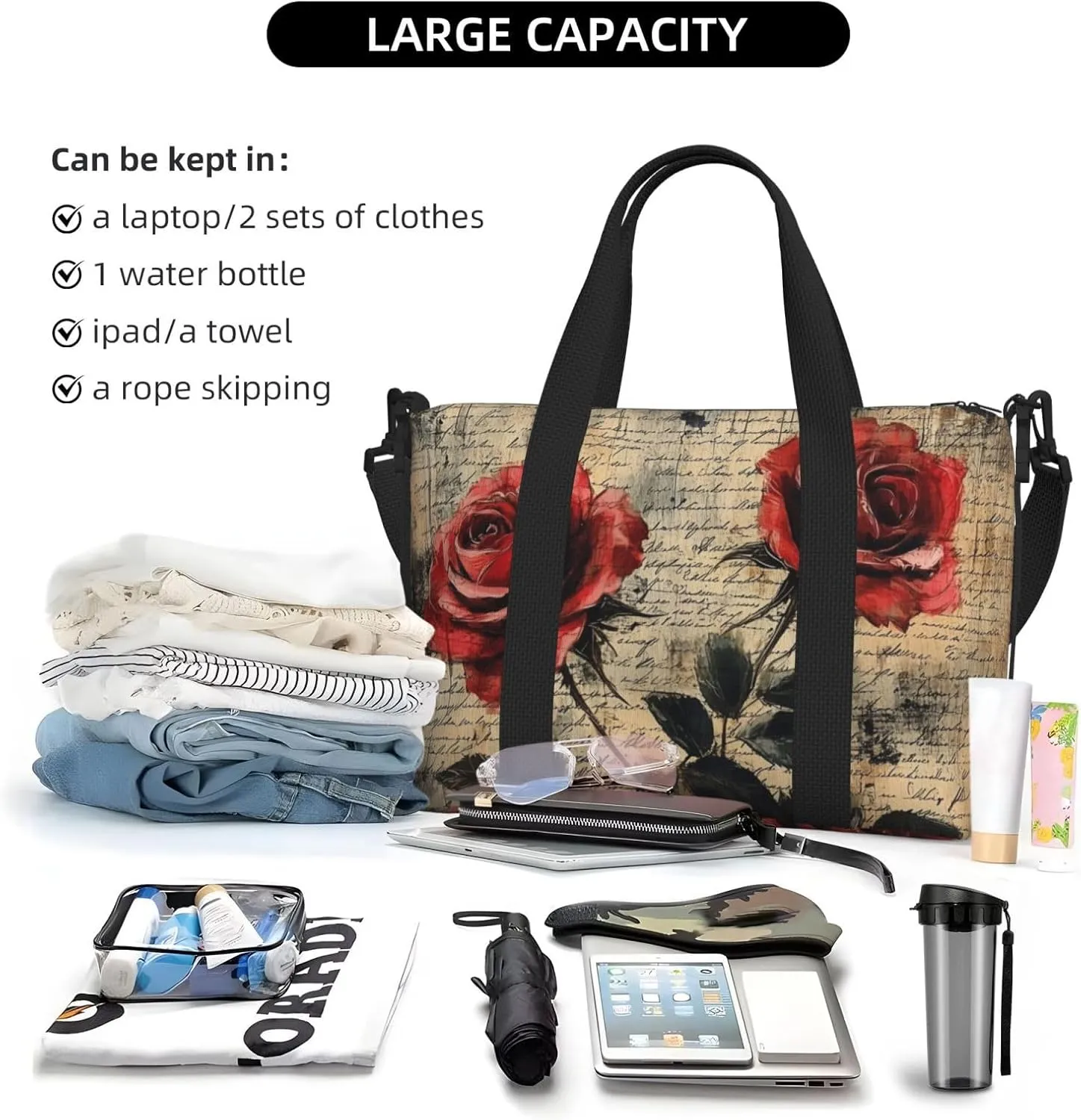rose paper print Travel Duffel Bag, Sports Tote Gym Bag, Swim Pool Bag Large Shoulder Tote Bag for Beach Weekender
