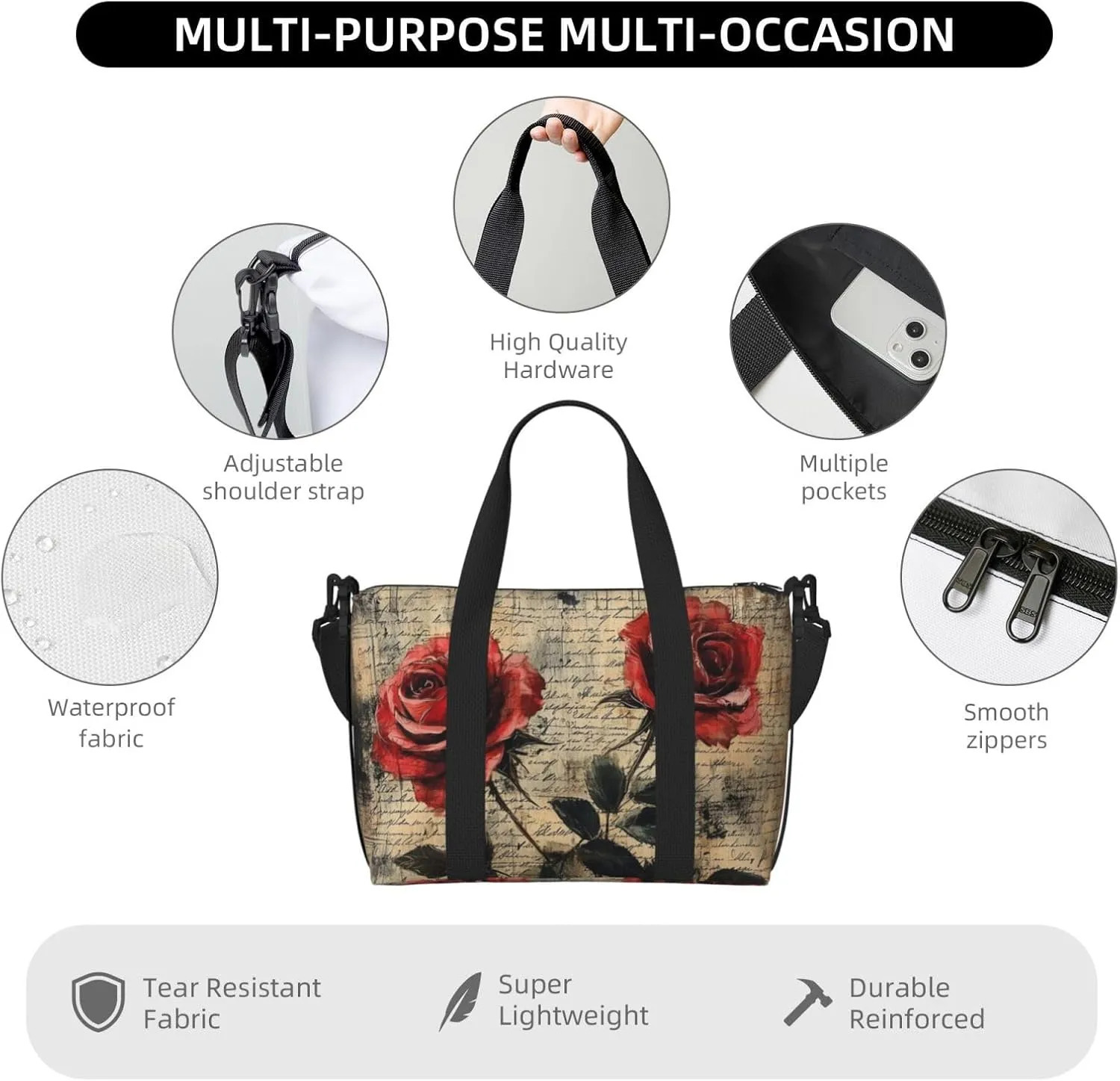 rose paper print Travel Duffel Bag, Sports Tote Gym Bag, Swim Pool Bag Large Shoulder Tote Bag for Beach Weekender