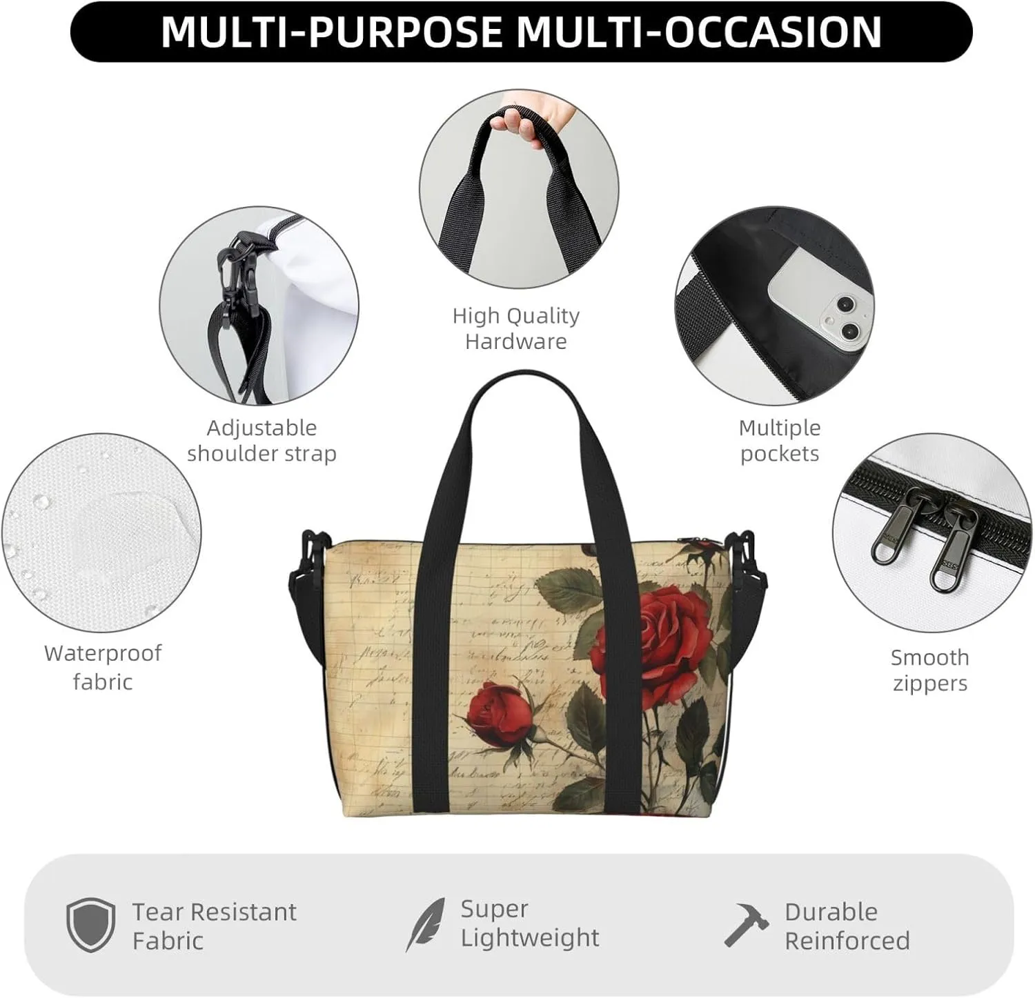 rose red black print Travel Duffel Bag, Sports Tote Gym Bag, Swim Pool Bag Large Shoulder Tote Bag for Beach Weekender