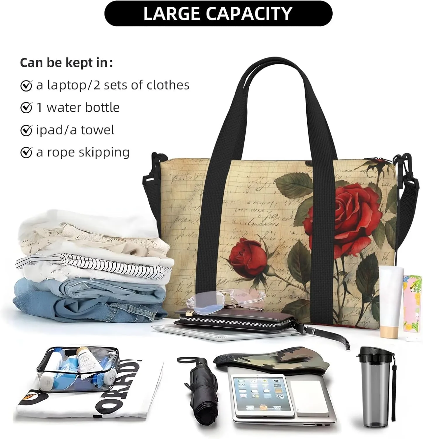 rose red black print Travel Duffel Bag, Sports Tote Gym Bag, Swim Pool Bag Large Shoulder Tote Bag for Beach Weekender