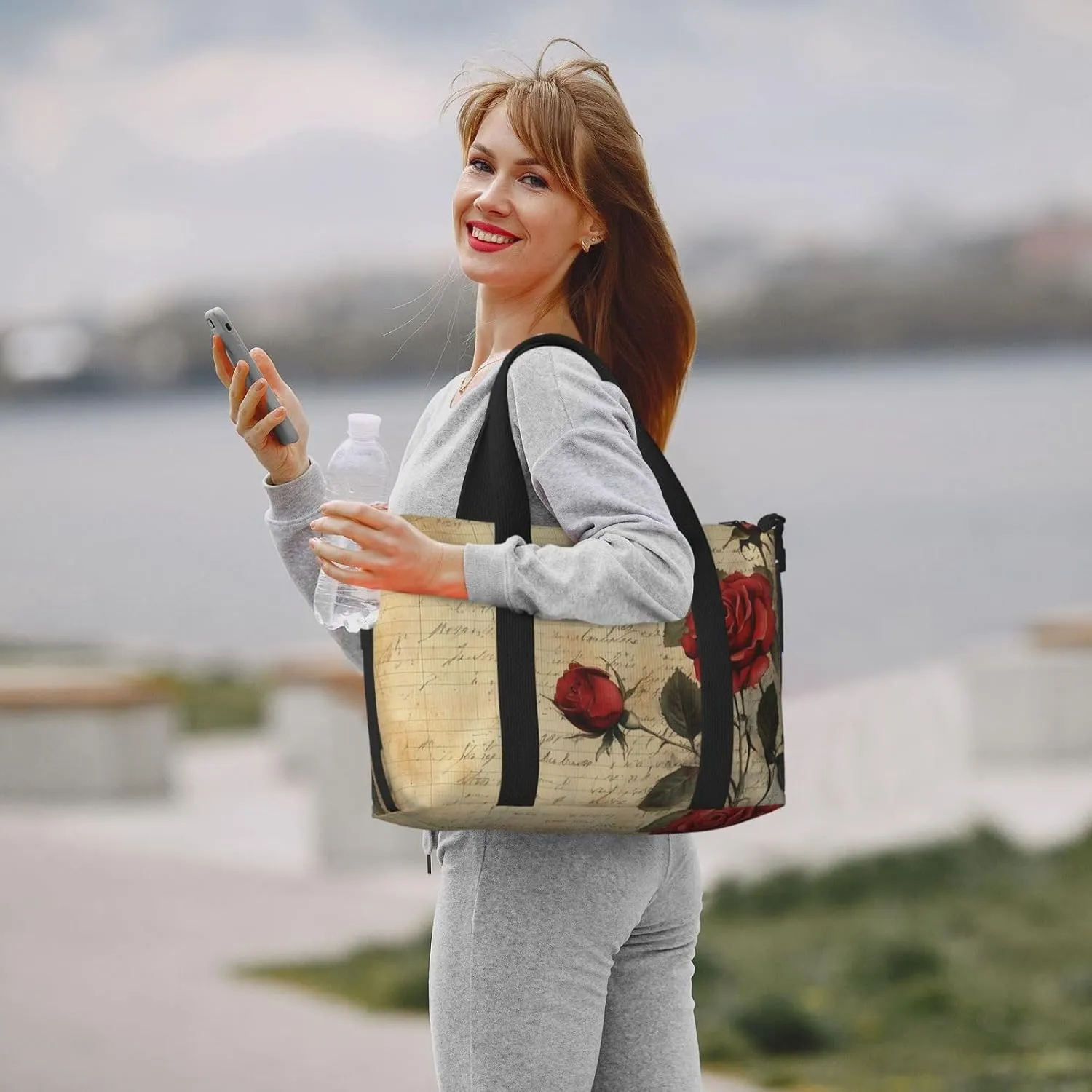 rose red black print Travel Duffel Bag, Sports Tote Gym Bag, Swim Pool Bag Large Shoulder Tote Bag for Beach Weekender