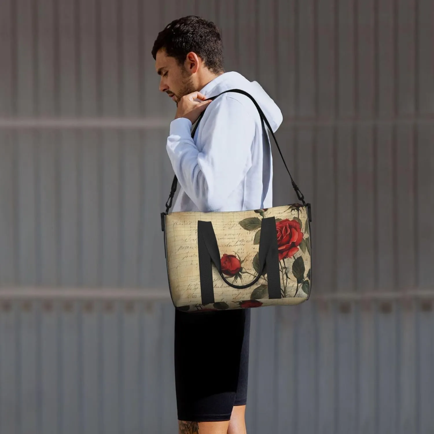 rose red black print Travel Duffel Bag, Sports Tote Gym Bag, Swim Pool Bag Large Shoulder Tote Bag for Beach Weekender