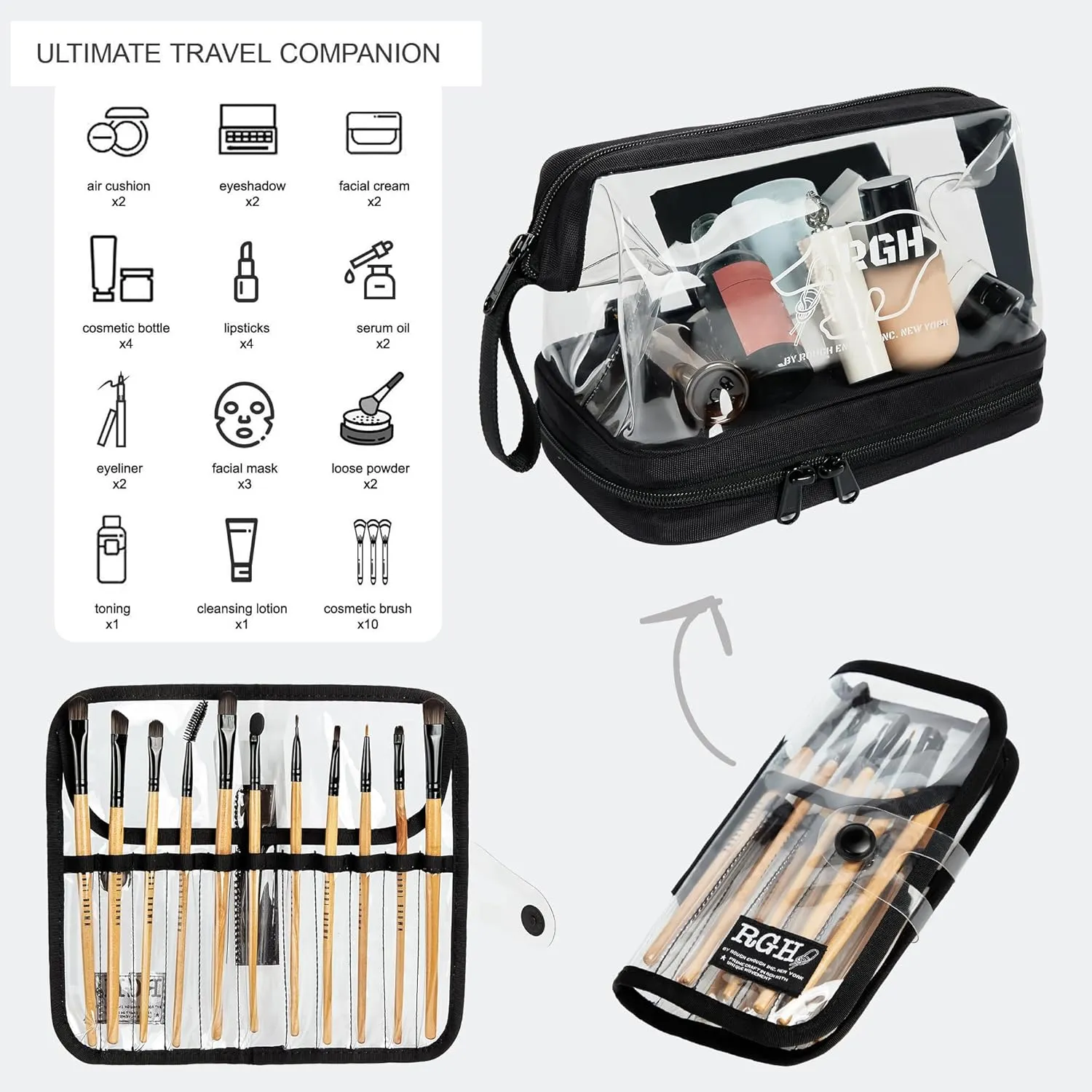 Rough Enough Large Clear Cosmetic Bag Toiletry Makeup Organizer with Detachable Brush Pouch Leakproof for Travel Essentials