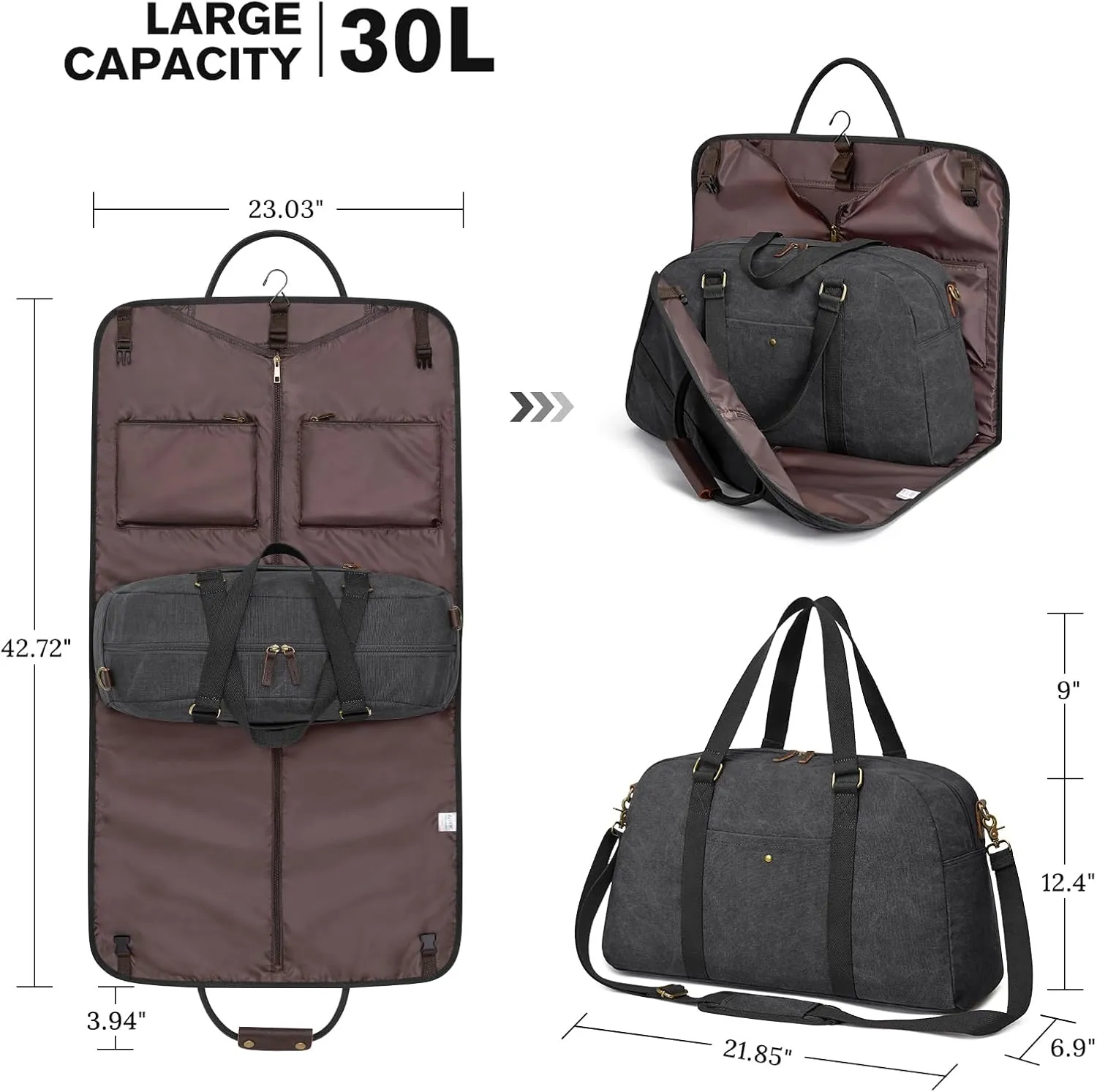 S-ZONE Canvas Travel Garment Duffle Bag Suit Bags for Men Women Travel 2 in 1 Large Carry On Weekend Hanging Clothes Suitcase