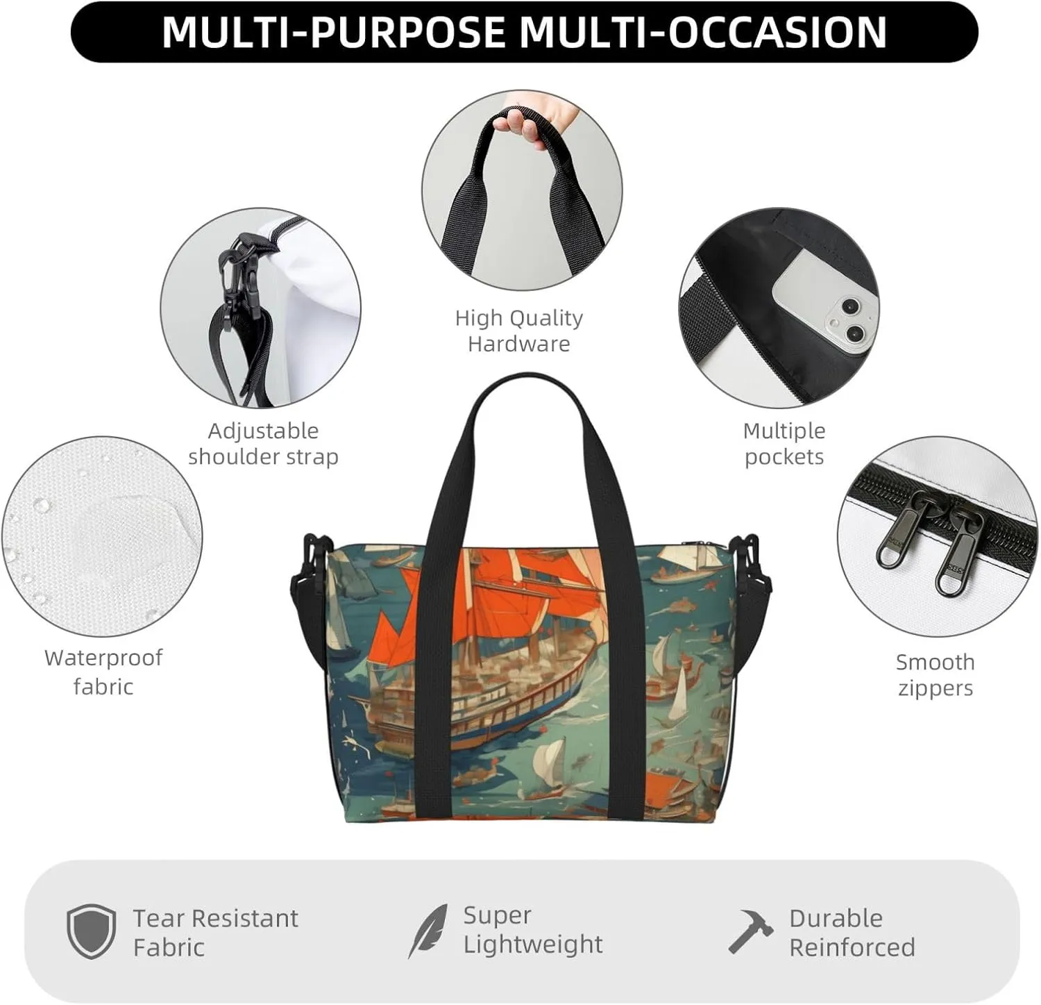 Sailboats print Travel Duffel Bag, Sports Tote Gym Bag, Swim Pool Bag Large Shoulder Tote Bag for Beach Weekender, 202-406-121