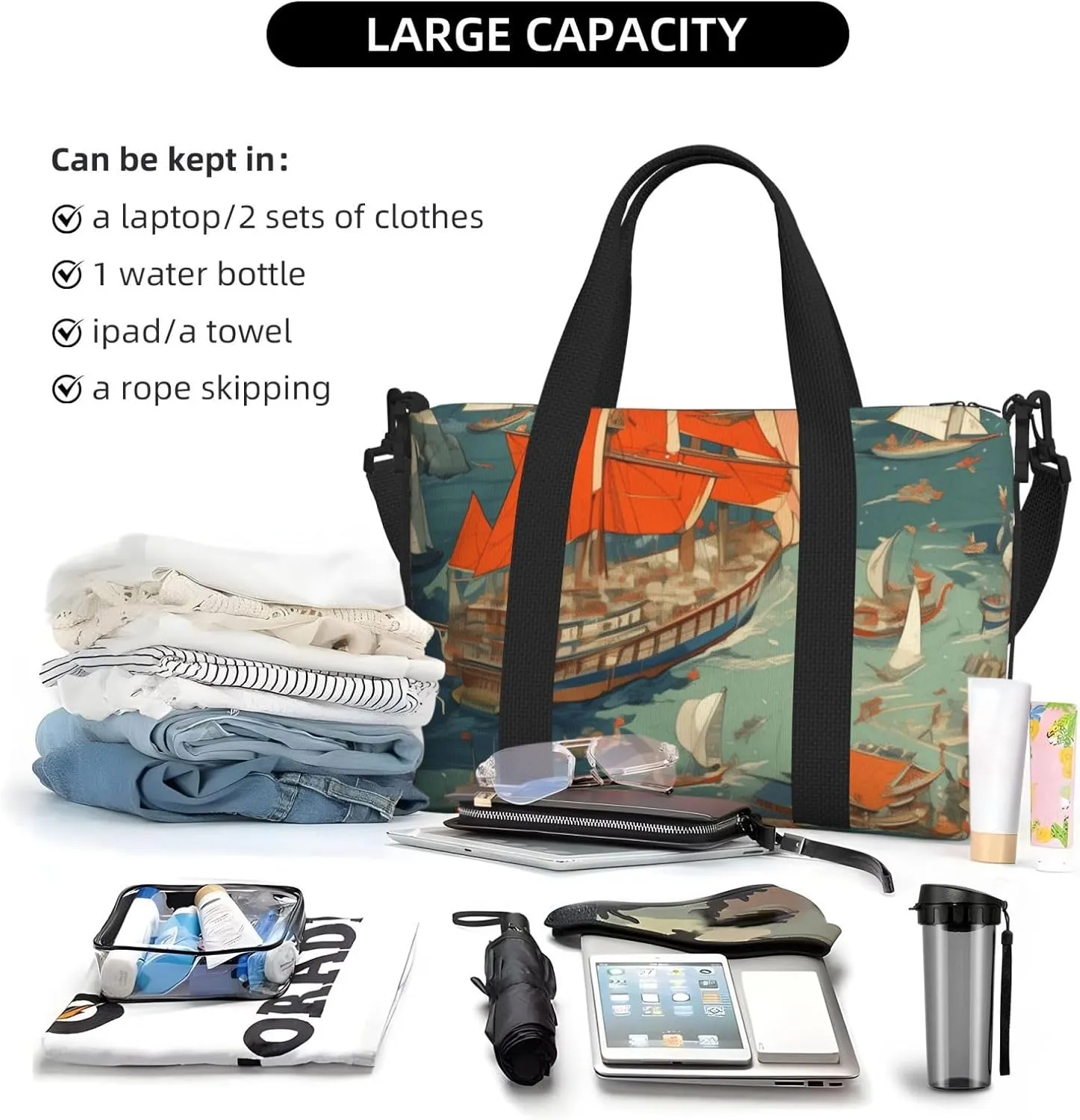 Sailboats print Travel Duffel Bag, Sports Tote Gym Bag, Swim Pool Bag Large Shoulder Tote Bag for Beach Weekender, 202-406-121