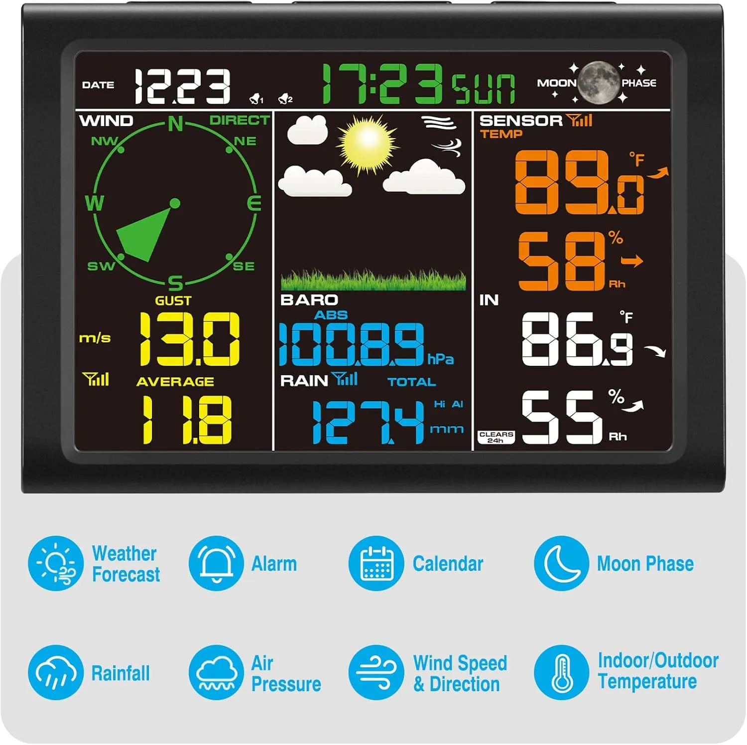Sainlogic Wireless Weather Station with Outdoor Sensor, 8-in-1 Weather Station with Weather Forecast, Temperature, Air Pressure, Humidity, Wind Gauge, Rain Gauge, Moon Phrase, Alarm Clock (No WiFi)