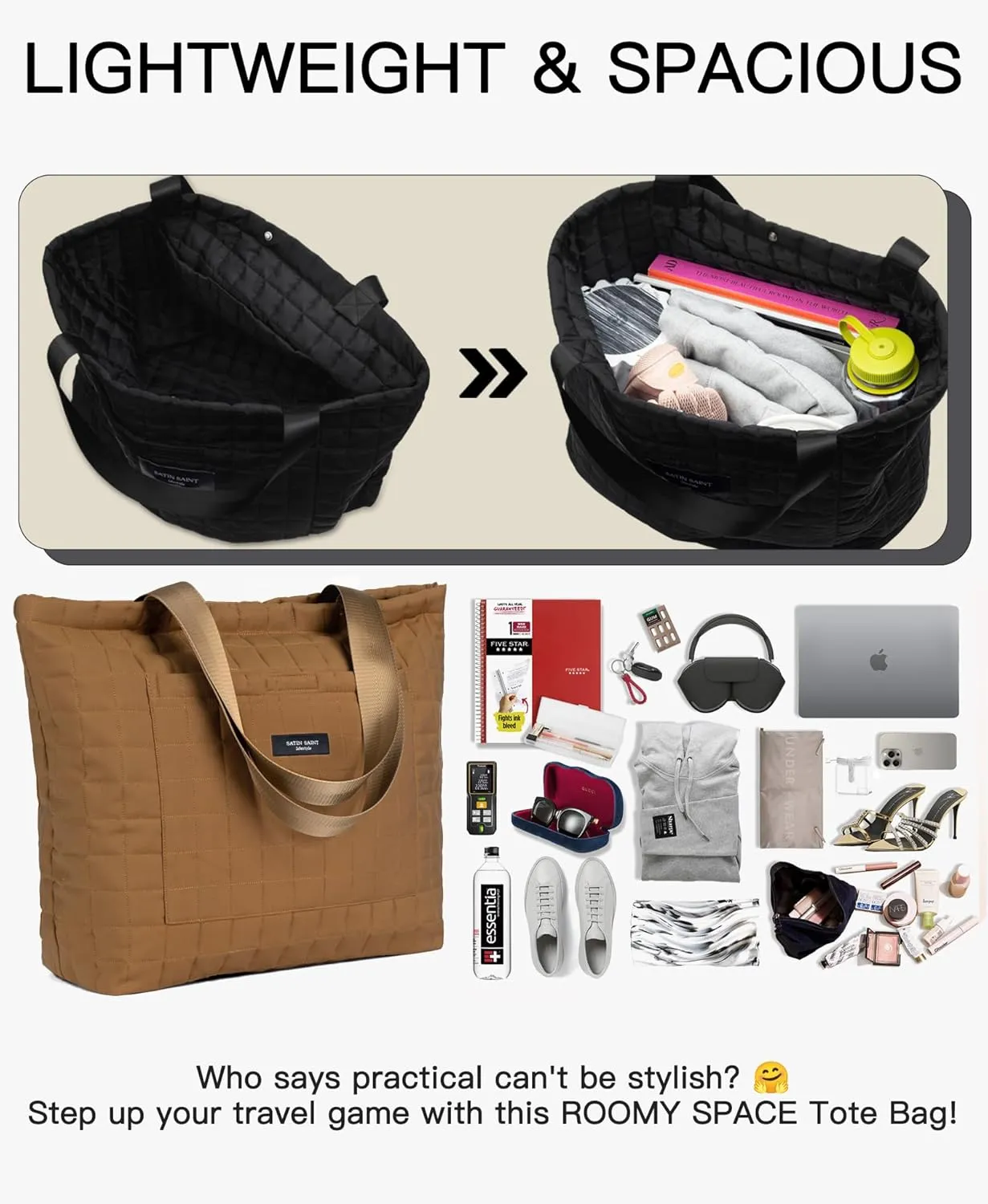 SATINSAINT Large Tote Travel Bag for Women, Lightweight Quilted Carry-All Shoppers Tote for Travel, Work, Gym and Casual Use