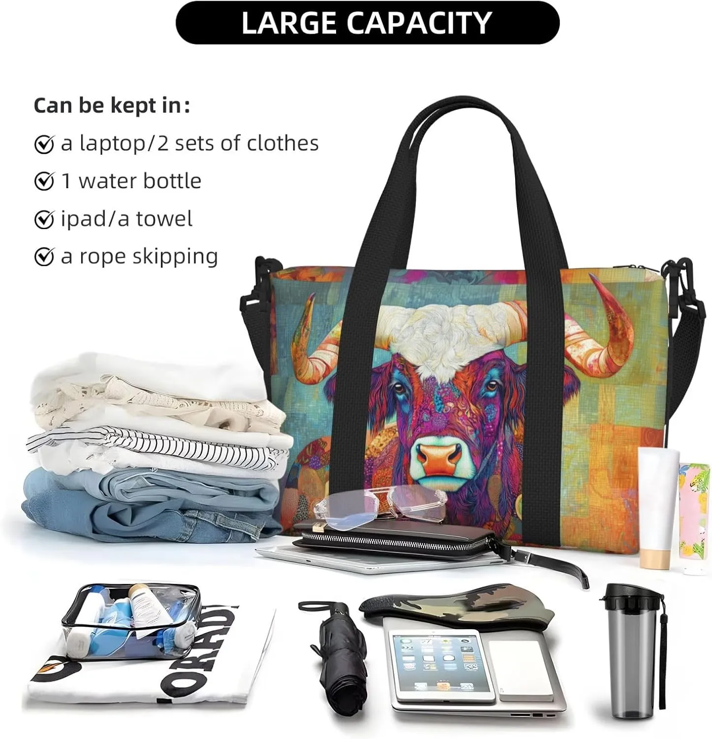 Scottish Highland Cattle print Travel Duffel Bag, Sports Tote Gym Bag, Swim Pool Bag Large Shoulder Tote Bag for Beach Weekender