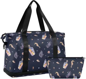 Seahorse Drift Bottle Seaweed Gym Bag Duffle Bag with Wet Pocket&Shoe Compartment Overnight Weekender Travel Bag