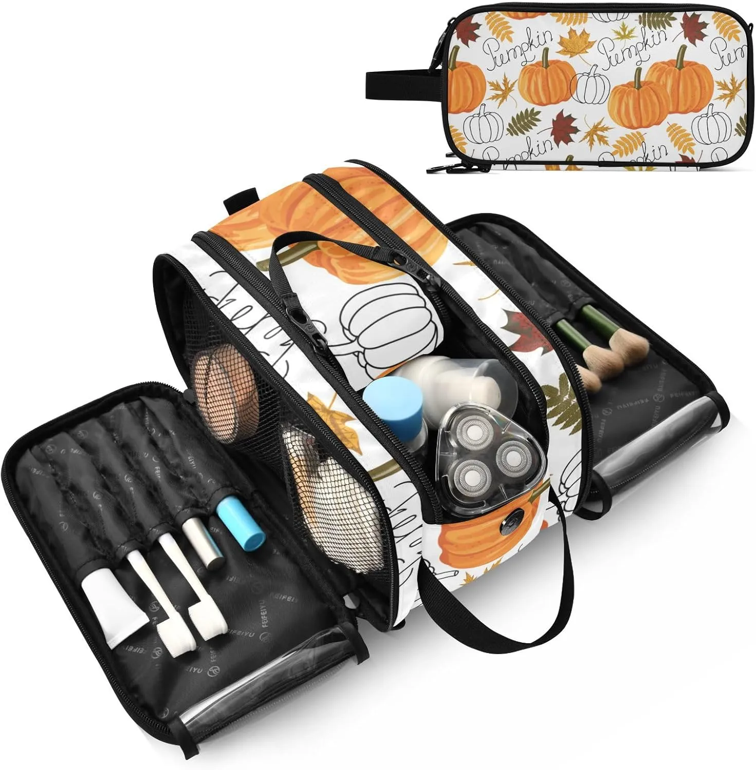 Seamless Autumn Leaves, Orange Pumpkins, Draft Pumpkins Women's Portable Makeup Bag with Handle, Cosmetic Bag, Travel Cosmetic Bag Durable Toiletry Storage Organizer 11 x 7 x 5.7 inch