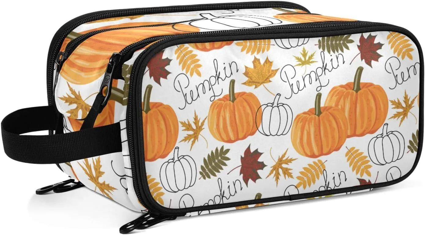 Seamless Autumn Leaves, Orange Pumpkins, Draft Pumpkins Women's Portable Makeup Bag with Handle, Cosmetic Bag, Travel Cosmetic Bag Durable Toiletry Storage Organizer 11 x 7 x 5.7 inch