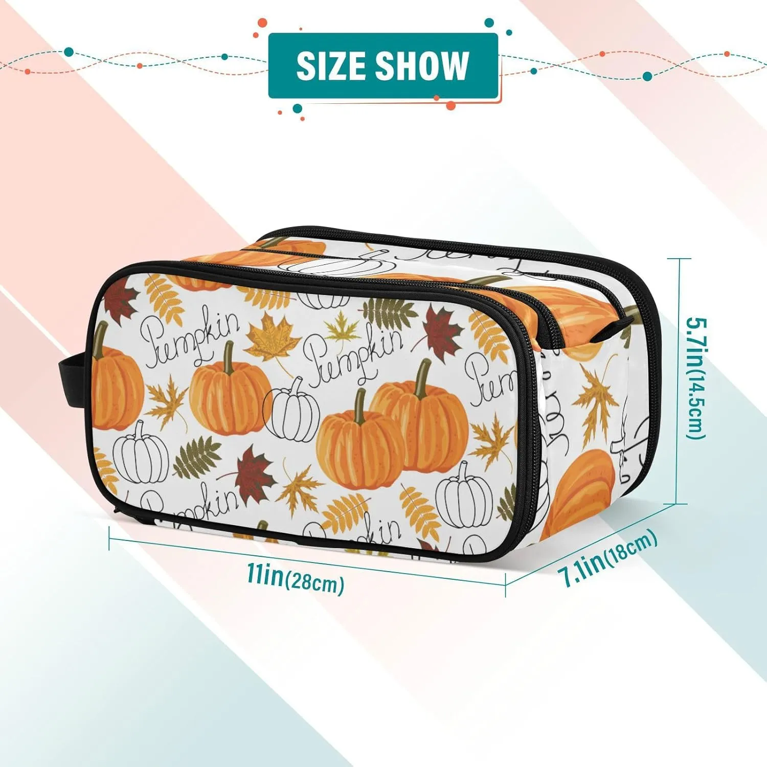 Seamless Autumn Leaves, Orange Pumpkins, Draft Pumpkins Women's Portable Makeup Bag with Handle, Cosmetic Bag, Travel Cosmetic Bag Durable Toiletry Storage Organizer 11 x 7 x 5.7 inch