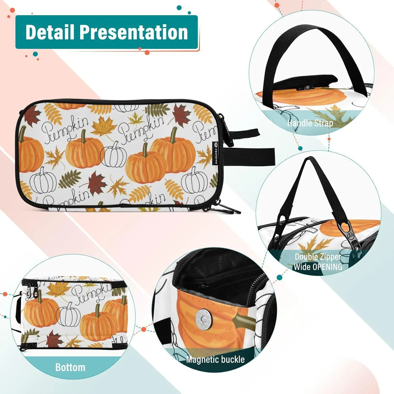 Seamless Autumn Leaves, Orange Pumpkins, Draft Pumpkins Women's Portable Makeup Bag with Handle, Cosmetic Bag, Travel Cosmetic Bag Durable Toiletry Storage Organizer 11 x 7 x 5.7 inch