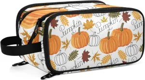 Seamless Autumn Leaves, Orange Pumpkins, Draft Pumpkins Women's Portable Makeup Bag with Handle, Cosmetic Bag, Travel Cosmetic Bag Durable Toiletry Storage Organizer 11 x 7 x 5.7 inch