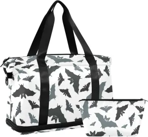 Seamless Black Grey Bats on White Gym Duffel Bag, Polyester Travel Weekender Luggage Handbag with Waterproof Pocket for Wet Items, Unisex Foldable Tote for Sports