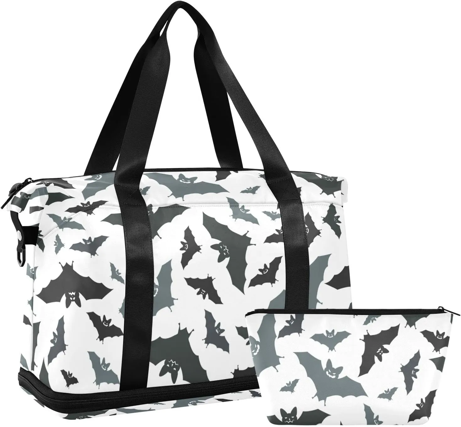 Seamless Black Grey Bats on White Gym Duffel Bag, Polyester Travel Weekender Luggage Handbag with Waterproof Pocket for Wet Items, Unisex Foldable Tote for Sports
