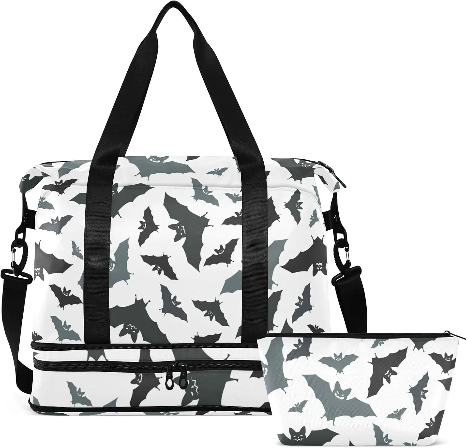 Seamless Black Grey Bats on White Gym Duffel Bag, Polyester Travel Weekender Luggage Handbag with Waterproof Pocket for Wet Items, Unisex Foldable Tote for Sports