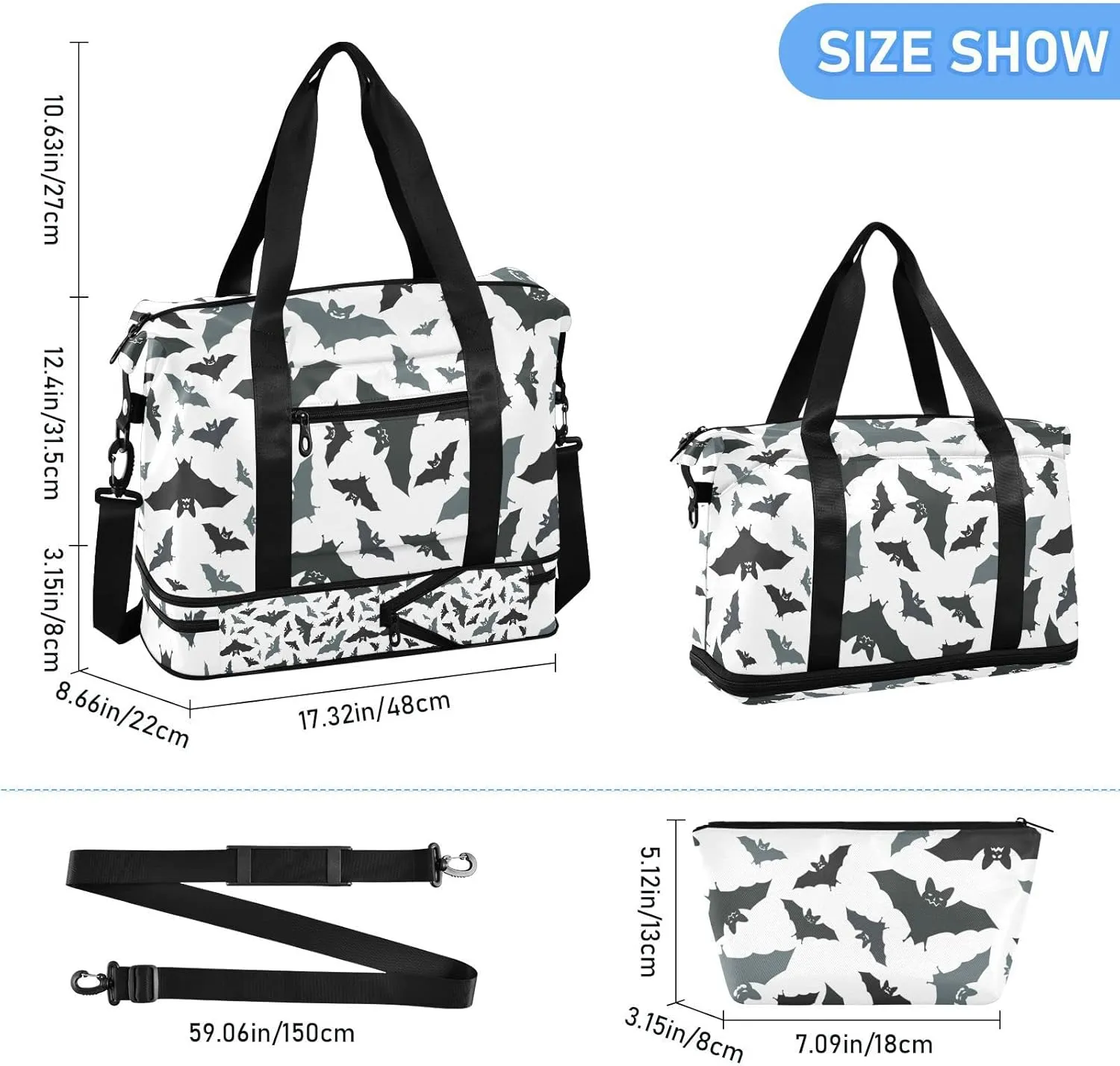 Seamless Black Grey Bats on White Gym Duffel Bag, Polyester Travel Weekender Luggage Handbag with Waterproof Pocket for Wet Items, Unisex Foldable Tote for Sports