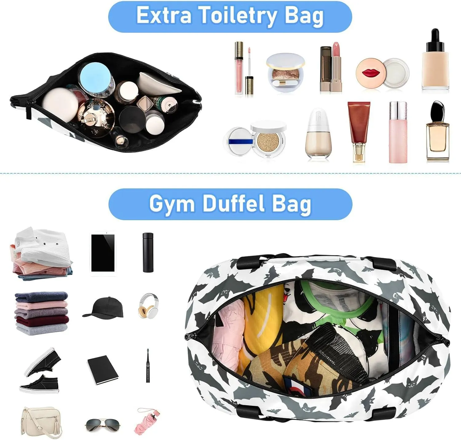Seamless Black Grey Bats on White Gym Duffel Bag, Polyester Travel Weekender Luggage Handbag with Waterproof Pocket for Wet Items, Unisex Foldable Tote for Sports