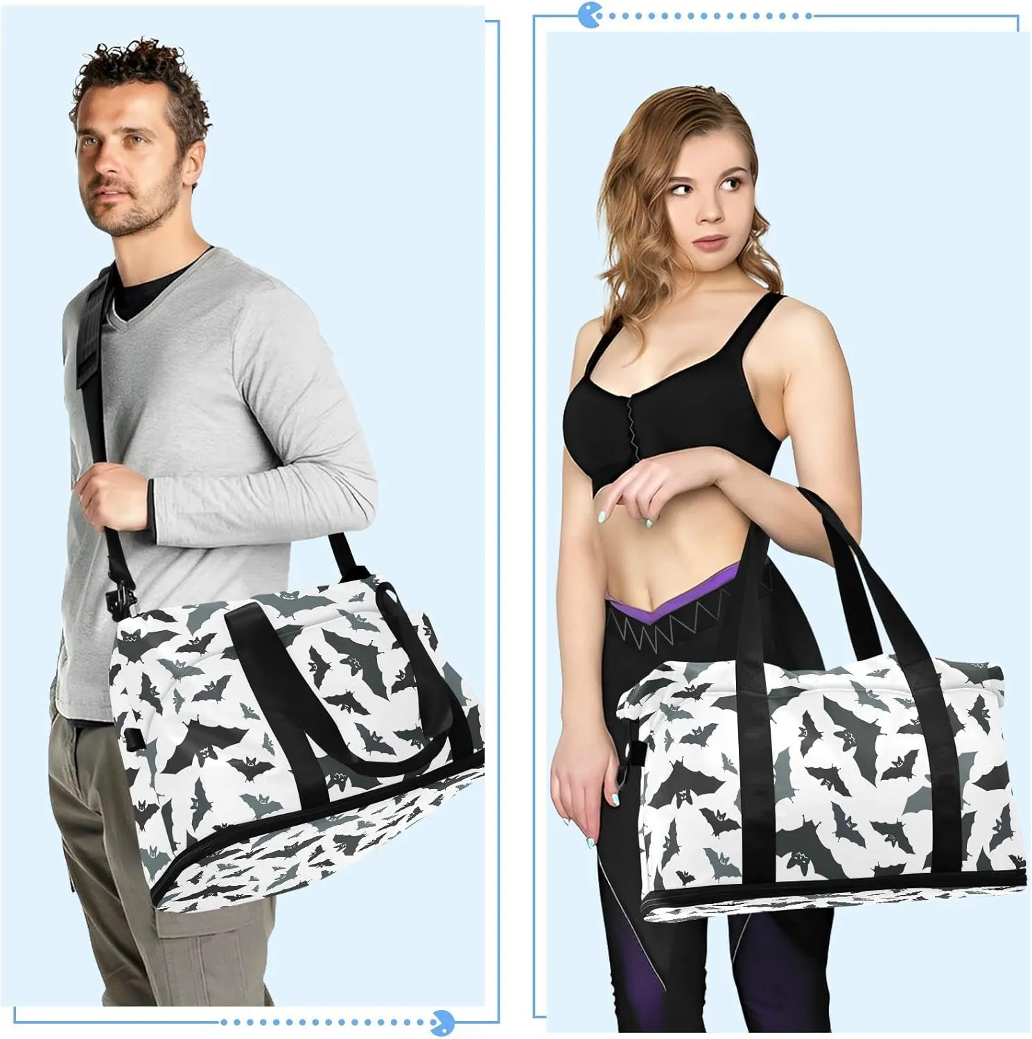 Seamless Black Grey Bats on White Gym Duffel Bag, Polyester Travel Weekender Luggage Handbag with Waterproof Pocket for Wet Items, Unisex Foldable Tote for Sports