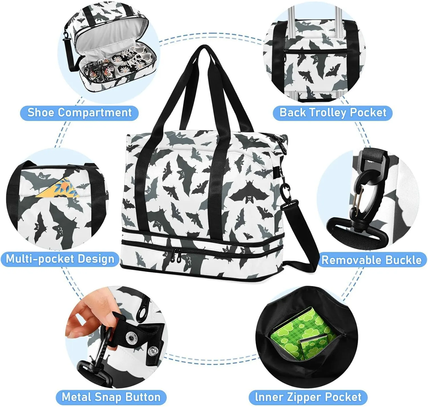 Seamless Black Grey Bats on White Gym Duffel Bag, Polyester Travel Weekender Luggage Handbag with Waterproof Pocket for Wet Items, Unisex Foldable Tote for Sports