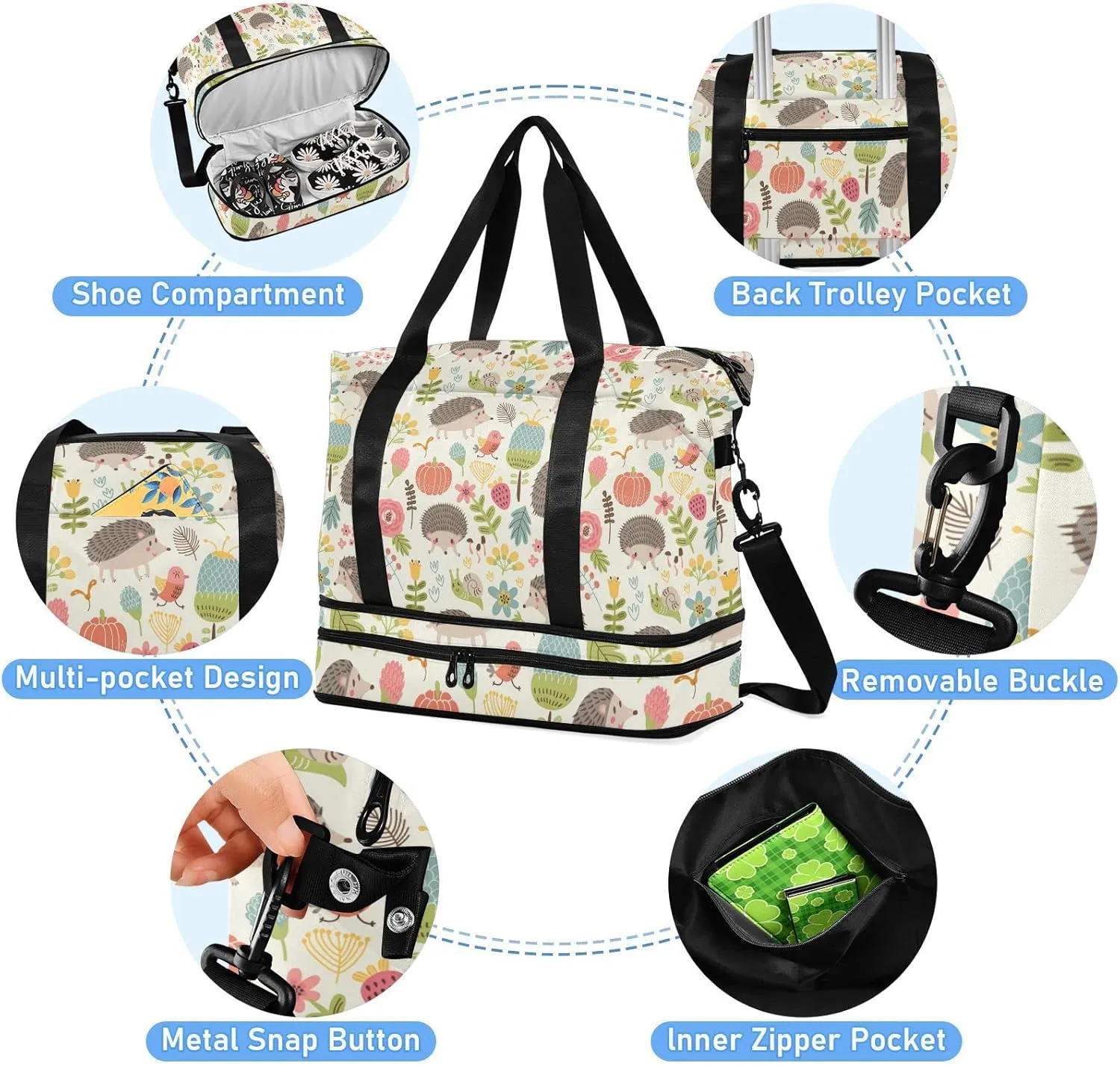 Seamless Forest Hedgehogs Herbs with Flowers Green Leaves Snails Gym Duffel Bag, Polyester Travel Weekender Luggage Handbag with Waterproof Pocket for Wet Items, Unisex Foldable Tote for Sports