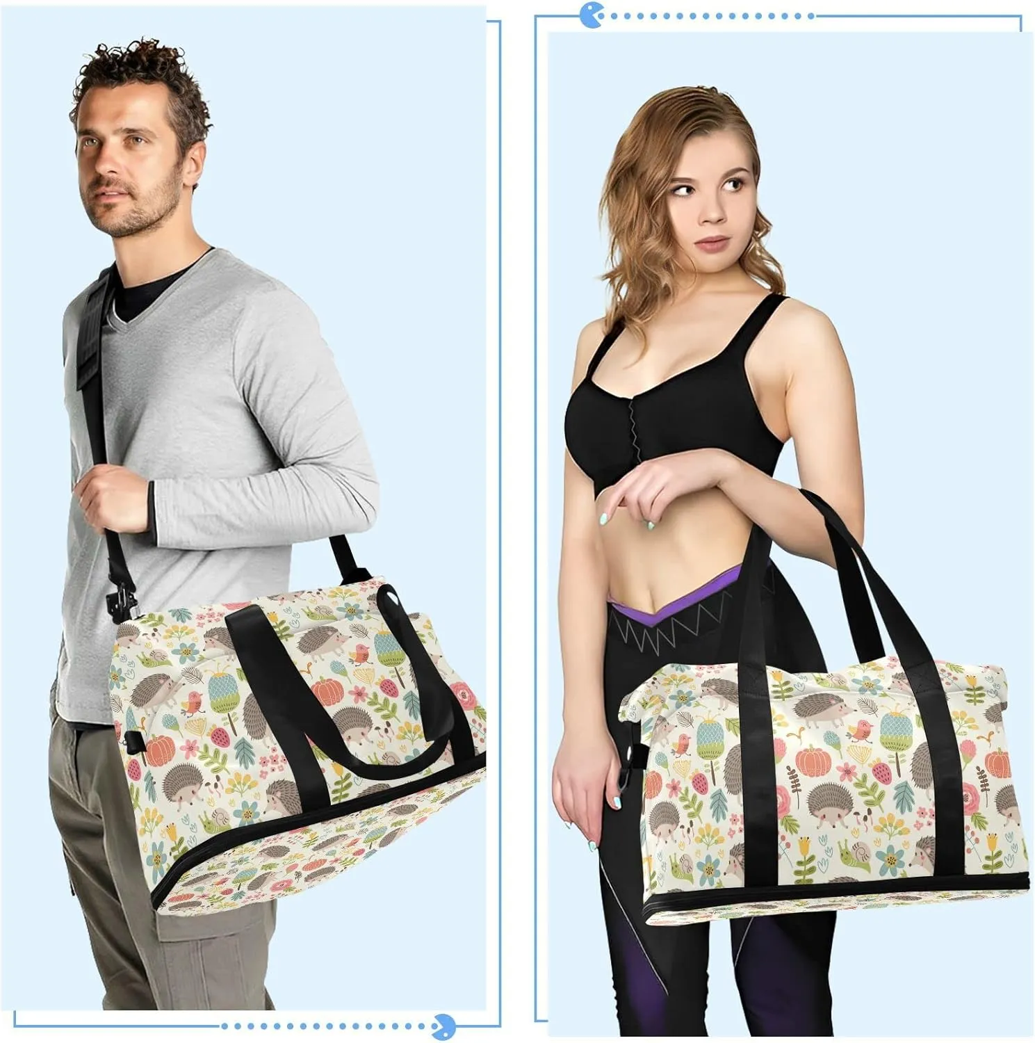 Seamless Forest Hedgehogs Herbs with Flowers Green Leaves Snails Gym Duffel Bag, Polyester Travel Weekender Luggage Handbag with Waterproof Pocket for Wet Items, Unisex Foldable Tote for Sports