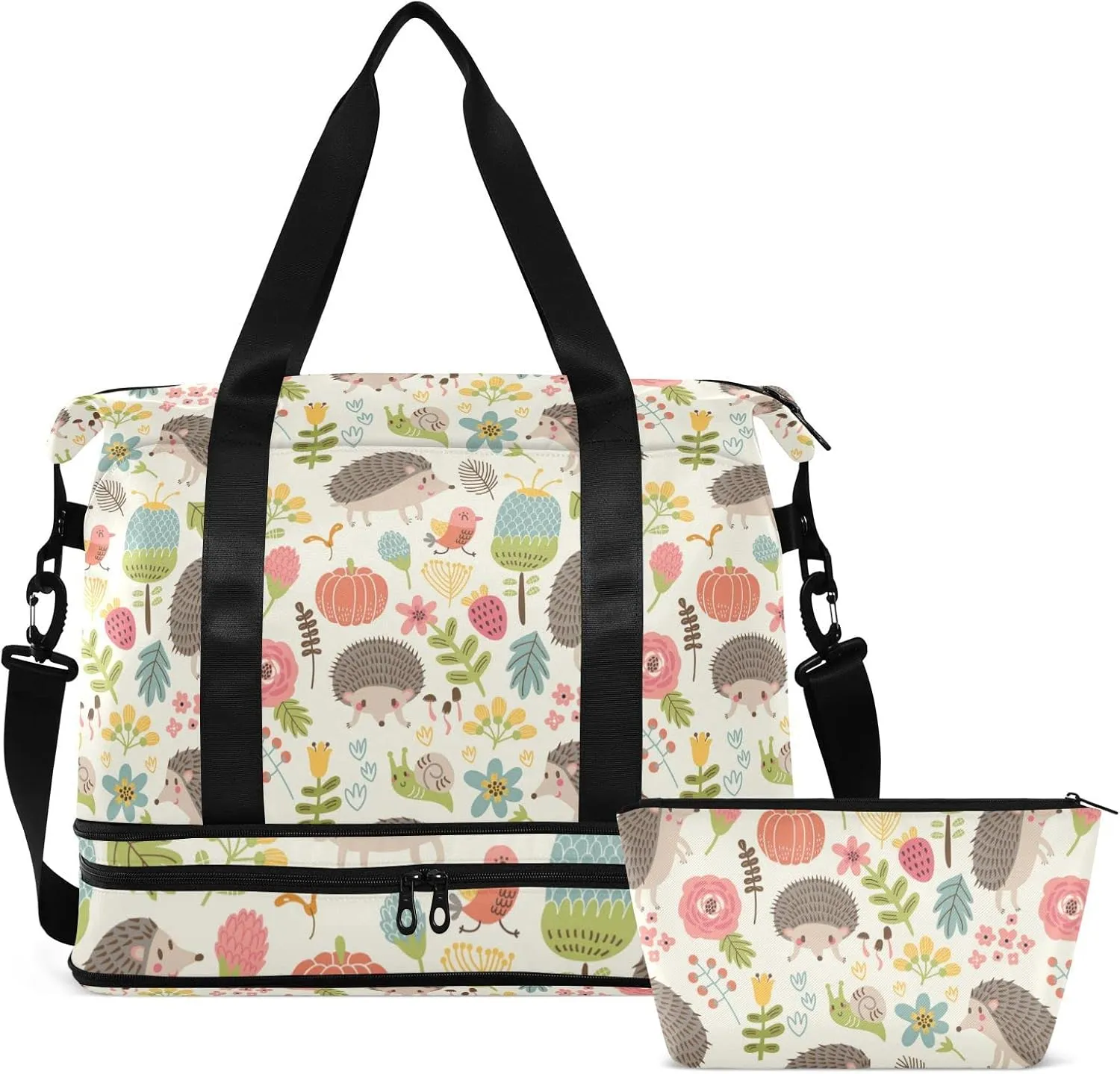 Seamless Forest Hedgehogs Herbs with Flowers Green Leaves Snails Gym Duffel Bag, Polyester Travel Weekender Luggage Handbag with Waterproof Pocket for Wet Items, Unisex Foldable Tote for Sports