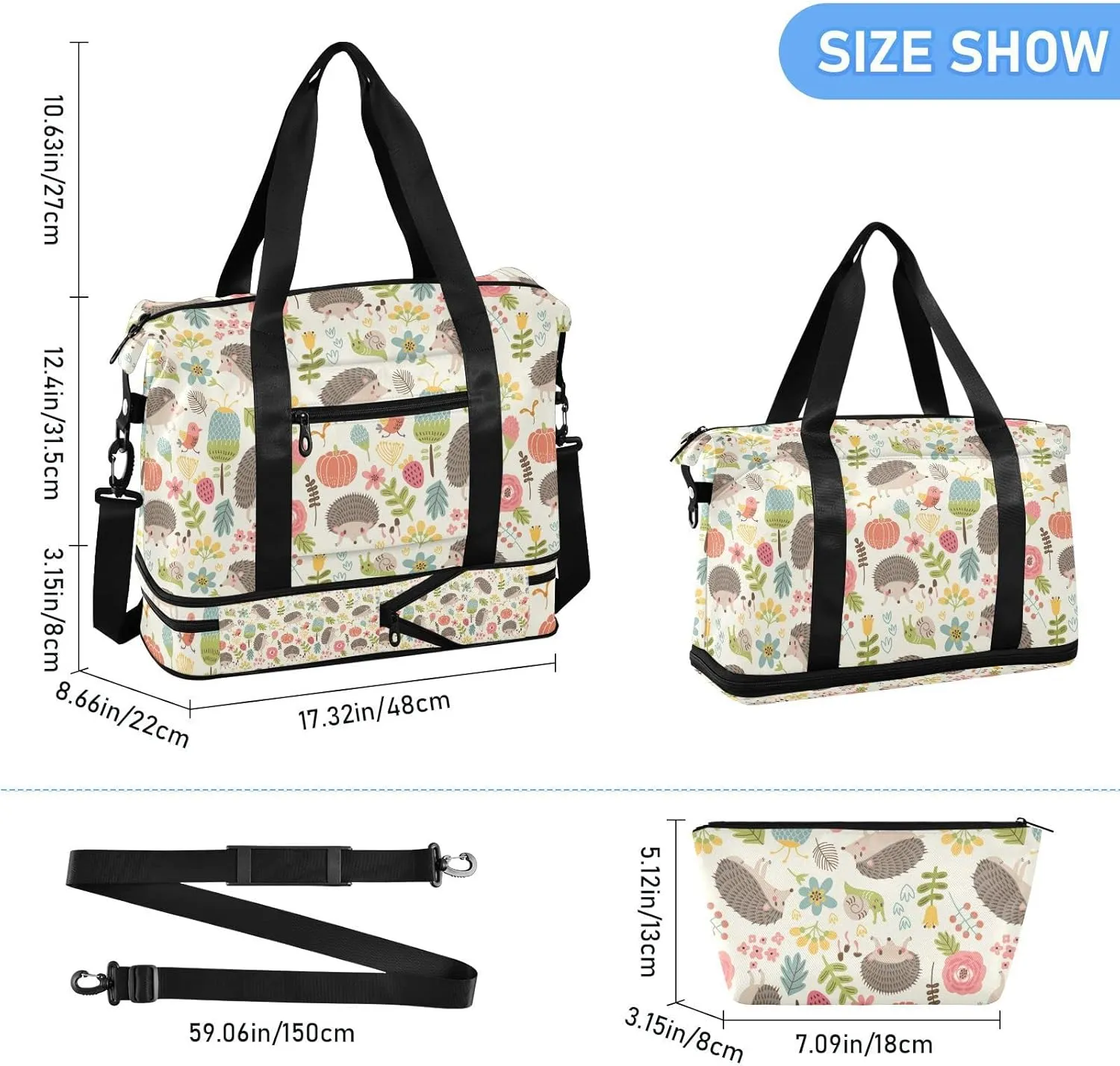 Seamless Forest Hedgehogs Herbs with Flowers Green Leaves Snails Gym Duffel Bag, Polyester Travel Weekender Luggage Handbag with Waterproof Pocket for Wet Items, Unisex Foldable Tote for Sports