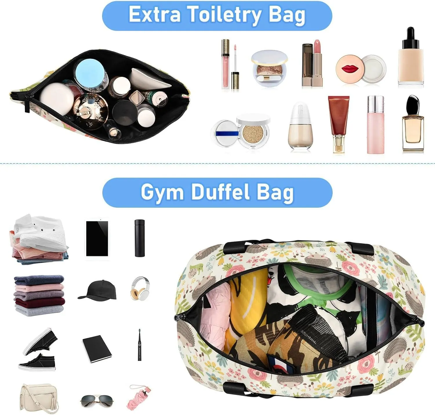 Seamless Forest Hedgehogs Herbs with Flowers Green Leaves Snails Gym Duffel Bag, Polyester Travel Weekender Luggage Handbag with Waterproof Pocket for Wet Items, Unisex Foldable Tote for Sports
