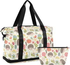 Seamless Forest Hedgehogs Herbs with Flowers Green Leaves Snails Gym Duffel Bag, Polyester Travel Weekender Luggage Handbag with Waterproof Pocket for Wet Items, Unisex Foldable Tote for Sports
