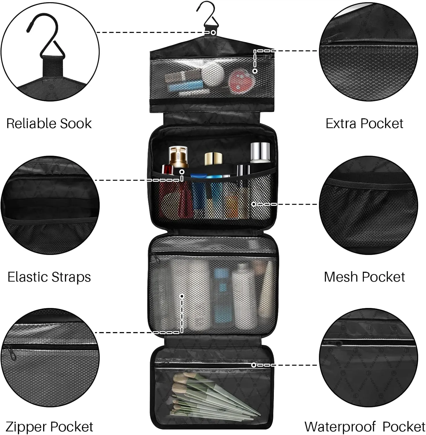 Seamless Japanese White Cranes Flying on Black Dark Women's Portable Makeup Bag with Handle Cosmetic Bag, Twill Cloth Travel Cosmetic Bag, Polyester Toiletry Bag for Women L Size